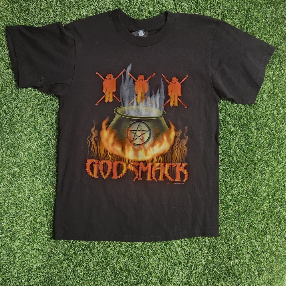 New Vintage 1999 Godsmack Band T Shirt Black Pentagram Cauldron Giant Tag Mens L